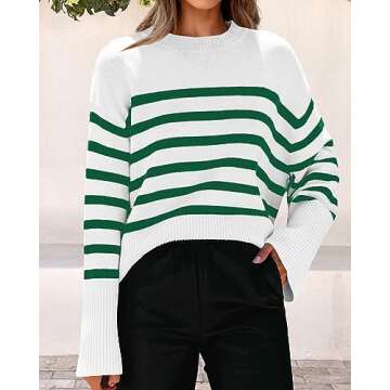 KIRUNDO Women's Striped Knit Oversized Fall Sweaters 2025 Trendy Clothes Crewneck Winter Pullover Sweater Side Split(Green, Medium)