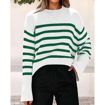 KIRUNDO Women's Striped Knit Oversized Fall Sweaters 2025 Trendy Clothes Crewneck Winter Pullover Sweater Side Split(Green, Medium)
