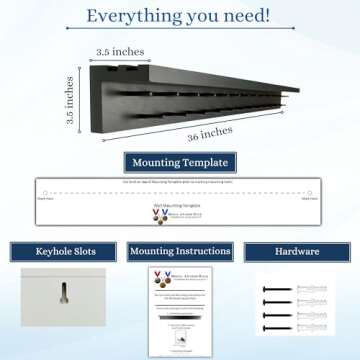 3ft- Medal Awards Rack Ultimate Medal Hanger Display and Trophy Shelf - Multi-Sport Trophy and Medal Holder for Medal Display, Plaques, Pictures, Trophies and more. Solid Wood - Large 36" - Black