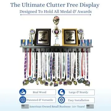 3ft- Medal Awards Rack Ultimate Medal Hanger Display and Trophy Shelf - Multi-Sport Trophy and Medal Holder for Medal Display, Plaques, Pictures, Trophies and more. Solid Wood - Large 36" - Black