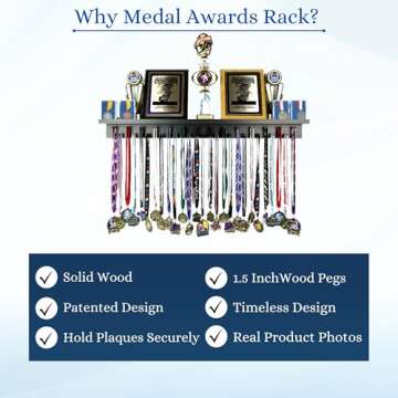 3ft- Medal Awards Rack Ultimate Medal Hanger Display and Trophy Shelf - Multi-Sport Trophy and Medal Holder for Medal Display, Plaques, Pictures, Trophies and more. Solid Wood - Large 36" - Black