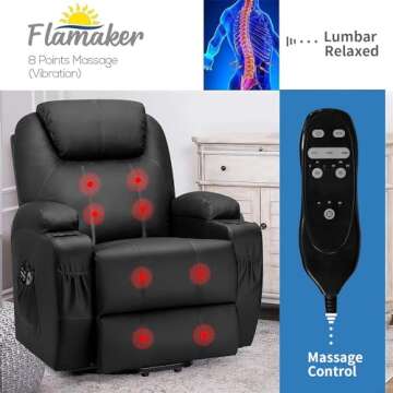 Flamaker Power Lift Recliner Chair PU Leather with Massage for Elderly Ergonomic Lounge Chair Classic Single Sofa with 2 Cup Holders Side Pockets Home Theater Seat (Leather, Light Black)