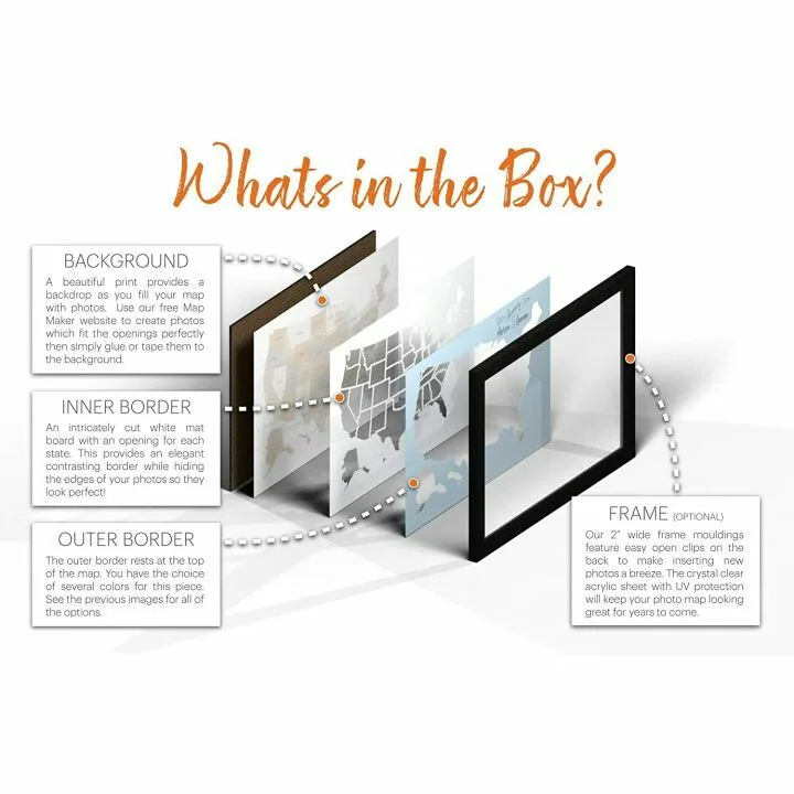 USA Photo Map - 50 States - Frame Optional - Made in USA