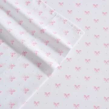 Laura Ashley - Kids Sheet Set, Ultra-Soft & Breathable Toddler Bedding with Matching Pillowcases, Wrinkle-Resistant, Ideal Girl Room Essentials (Lovely Bows Pink, Twin)