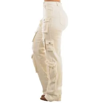 Moda Xpress Womens Juniors High Waisted Ivory Utility Cargo Jeans 12054F