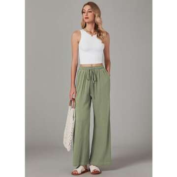 GRAPENT Womens Clothing Trendy 2024 Womens Flowy Pants Wide Leg Palazzo Pants Linen High Waisted Pants Spring Clothes for Women 2024 Pull On Pants for Women Color Army Green Large Size 12 Size 14