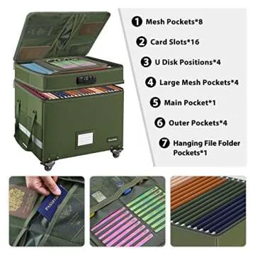 DocSafe File Box with Lock, 2-Layer Fireproof Document Box with Wheels,Collapsible Rolling File Stor...