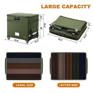 DocSafe File Box with Lock, 2-Layer Fireproof Document Box with Wheels,Collapsible Rolling File Storage Organizer Box with Pockets,Large Portable Home Office Filing Cabinet for Hanging Folders,Green