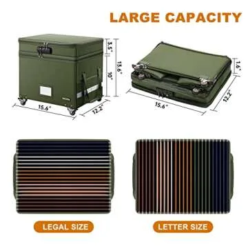 DocSafe File Box with Lock, 2-Layer Fireproof Document Box with Wheels,Collapsible Rolling File Storage Organizer Box with Pockets,Large Portable Home Office Filing Cabinet for Hanging Folders,Green