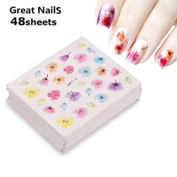 Nail Art Stickers for Women Finger Decorations Flowers Nail Decals 48 Sheets Beauty Accessories for Girls Flower Lip Leaf Feather Diamond Designs Kids Manicure Wraps Transfer Paper Sticker Tips Decor