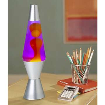 Lava Lite 21250400US2125 Lava The Original Silver Base Lamp with Yellow Wax in Purple Liquid, 14.5", Yellow/Purple