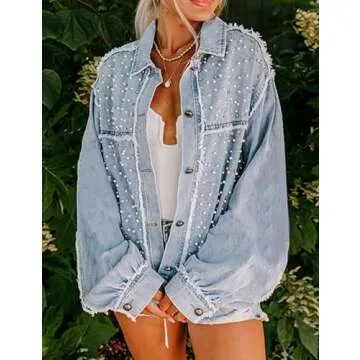 EZAPINE Pearls Rhinestone Embellished Jean Jackets for Women Distressed Frayed Hem Denim Jacket