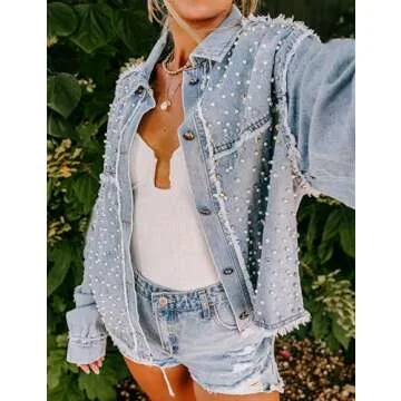 EZAPINE Pearls Rhinestone Embellished Jean Jackets for Women Distressed Frayed Hem Denim Jacket
