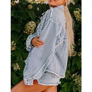 EZAPINE Pearls Rhinestone Embellished Jean Jackets for Women Distressed Frayed Hem Denim Jacket