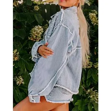 EZAPINE Pearls Rhinestone Embellished Jean Jackets for Women Distressed Frayed Hem Denim Jacket