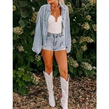 EZAPINE Pearls Rhinestone Embellished Jean Jackets for Women Distressed Frayed Hem Denim Jacket