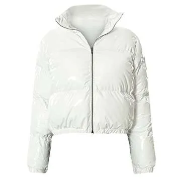 Maqroz Women's Crop Short Jacket Cropped Puffer Fashion Winter Shiny Zip Up Short Bubble Puffy Coats White