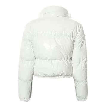 Maqroz Women's Crop Short Jacket Cropped Puffer Fashion Winter Shiny Zip Up Short Bubble Puffy Coats White