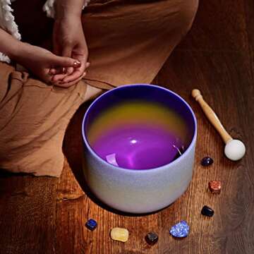 CVNC 440HZ 8 Inch Rainbow Colored A Note Third-Eye Chakra Frosted Quartz Crystal Singing Bowl for Sound Healing and Meditation