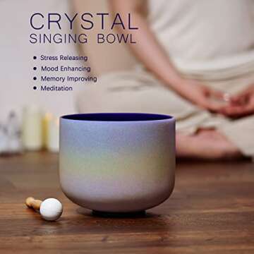 CVNC 440HZ 8 Inch Rainbow Colored A Note Third-Eye Chakra Frosted Quartz Crystal Singing Bowl for Sound Healing and Meditation