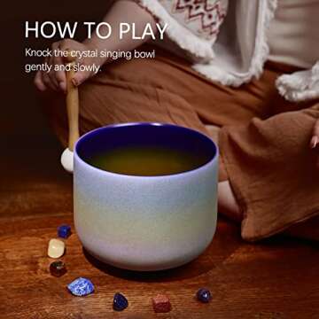 CVNC 440HZ 8 Inch Rainbow Colored A Note Third-Eye Chakra Frosted Quartz Crystal Singing Bowl for Sound Healing and Meditation