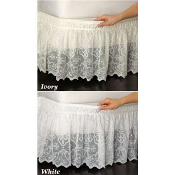 Collections Etc Lace Trimmed Elastic Bed Wrap, Easy Fit Dust Ruffle Bedskirt, White, Queen/King