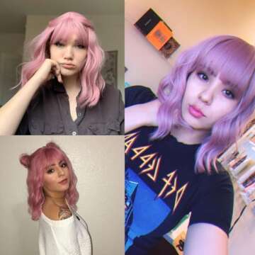 VCKOVCKO Pastel Wavy Wig With Air Bangs Women's Short Bob Purple Pink Wigs Curly Wavy Shoulder Lengt...