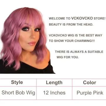 VCKOVCKO Pastel Wavy Wig With Air Bangs Women's Short Bob Purple Pink Wigs Curly Wavy Shoulder Length Pastel Bob Wigs Synthetic Wig for White Women Girls Daily Use Colorful Wigs(12", Purple Pink)