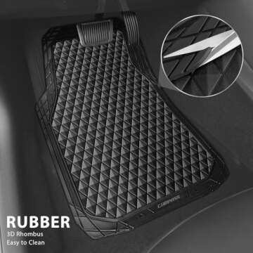 CAR PASS Black Rubber Car Mats, All-Weather Floor Mats Full Set Durable Anti-Slip 3D Rhombus Waterpr...
