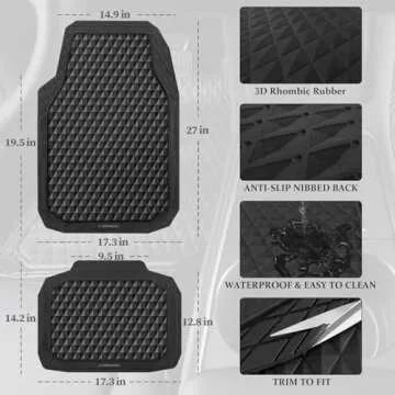 CAR PASS Black Rubber Car Mats, All-Weather Floor Mats Full Set Durable Anti-Slip 3D Rhombus Waterproof Automotive Pad Trim to Fit Liner Universal Fit for Sedan SUV Truck Van, 4 Pcs All Black Rubber