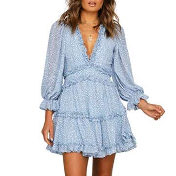 T1FE 1SFE Boho Ruffle Floral Print Dress Long Sleeve Deep V Neck Backless Swing Mini Dresses for Women Party Wedding