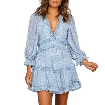 T1FE 1SFE Boho Ruffle Floral Print Dress Long Sleeve Deep V Neck Backless Swing Mini Dresses for Women Party Wedding