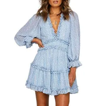 T1FE 1SFE Boho Ruffle Floral Print Dress Long Sleeve Deep V Neck Backless Swing Mini Dresses for Women Party Wedding