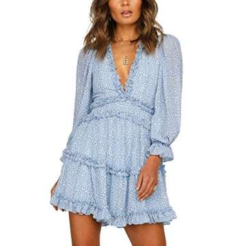 T1FE 1SFE Boho Ruffle Floral Print Dress Long Sleeve Deep V Neck Backless Swing Mini Dresses for Women Party Wedding