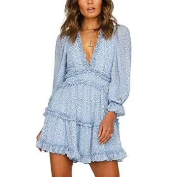 T1FE 1SFE Boho Ruffle Floral Print Dress Long Sleeve Deep V Neck Backless Swing Mini Dresses for Women Party Wedding