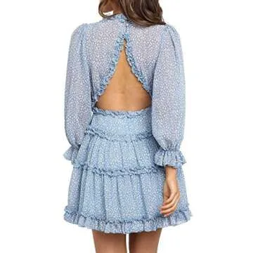 T1FE 1SFE Boho Ruffle Floral Print Dress Long Sleeve Deep V Neck Backless Swing Mini Dresses for Women Party Wedding