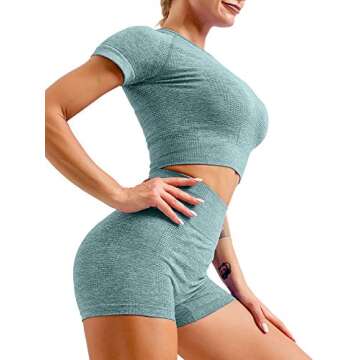 HYZ Yoga 2 Piece Outfits Workout Running Crop Top Seamless High Waist Shorts Sets DarkGreen