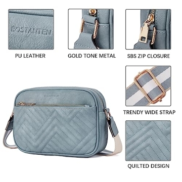 BOSTANTEN Quilted Crossbody Bags for Women Vegan Leather Purses Small Shoulder Handbags with Wide Strap Light Blue