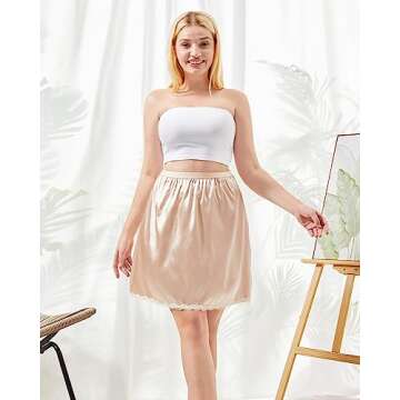 3 Pieces Half Slips for Women 3 Kinds of Length 19, 27, 35 Inch Slip Under Dress Satin Lace Long Skirt (Beige, X-Large)