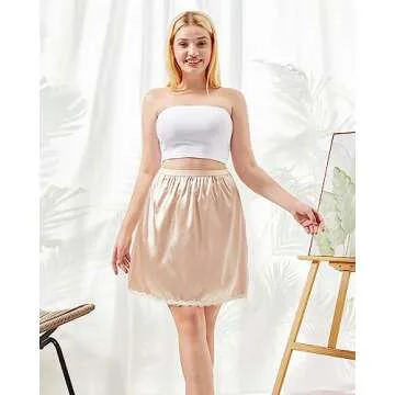 3 Pieces Half Slips for Women 3 Kinds of Length 19, 27, 35 Inch Slip Under Dress Satin Lace Long Skirt (Beige, X-Large)