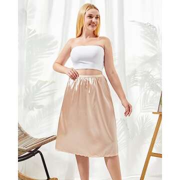 3 Pieces Half Slips for Women 3 Kinds of Length 19, 27, 35 Inch Slip Under Dress Satin Lace Long Skirt (Beige, X-Large)