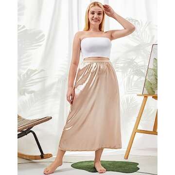 3 Pieces Half Slips for Women 3 Kinds of Length 19, 27, 35 Inch Slip Under Dress Satin Lace Long Skirt (Beige, X-Large)
