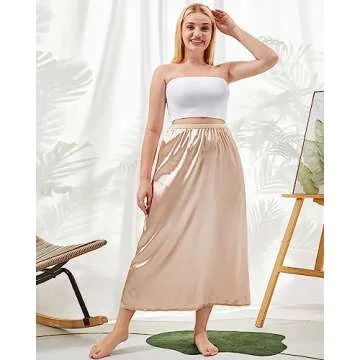 3 Pieces Half Slips for Women 3 Kinds of Length 19, 27, 35 Inch Slip Under Dress Satin Lace Long Skirt (Beige, X-Large)