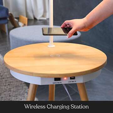 Brightech Owen Table & Lamp Combo with LED Bulb, Desk Lamp with USB Port, Bedside Reading Lamp, Modern End Table with Floor Lamp for Bedroom, Living Room, Office - Wood, Mid Century Modern