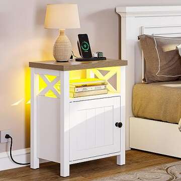 YITAHOME Farmhouse Nightstand with LED Lights & Charging Station, Night Stands with Storage Cabinet ...