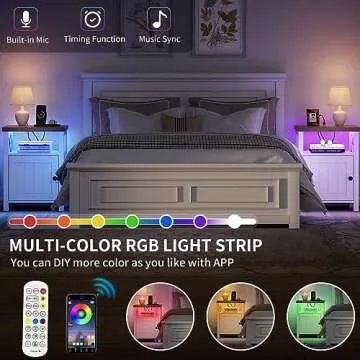 YITAHOME Farmhouse Nightstand with LED Lights & Charging Station, Night Stands with Storage Cabinet for Bedroom, End Side Table Bedside Table with Storage Shelf, X-Design, Set of 2, Wash Grey + White