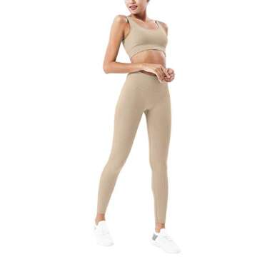 HAODIAN Women's Ribbed Workout Sets Soft Seamless Yoga Outfits 2 Piece (Beige,L)