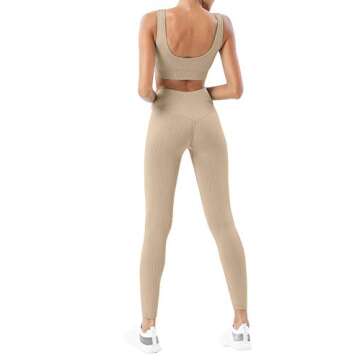 HAODIAN Women's Ribbed Workout Sets Soft Seamless Yoga Outfits 2 Piece (Beige,L)