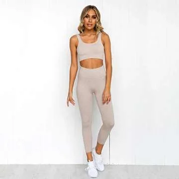 HAODIAN Women's Ribbed Workout Sets Soft Seamless Yoga Outfits 2 Piece (Beige,L)