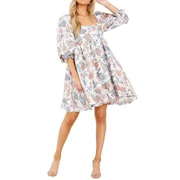 Womens Puff Sleeve Floral Print Dress Babydoll Square Neck A Line High Waist Ruched Summer Mini Dresses